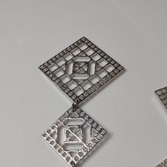 Long Silver Tone Metal Decorative Dangling Square Earrings - Picture 12 of 12